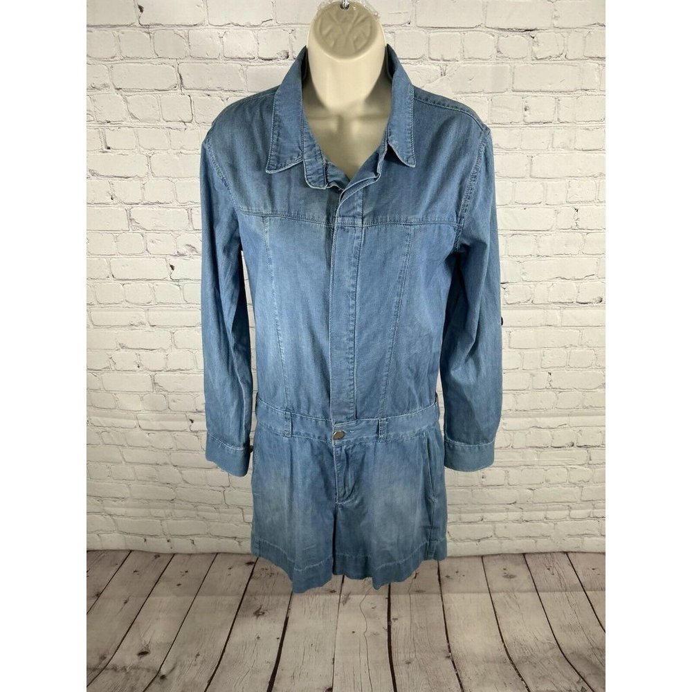 Fade To Blue Roll Tab Long Sleeve Button Front Light Wash Denim Romper S